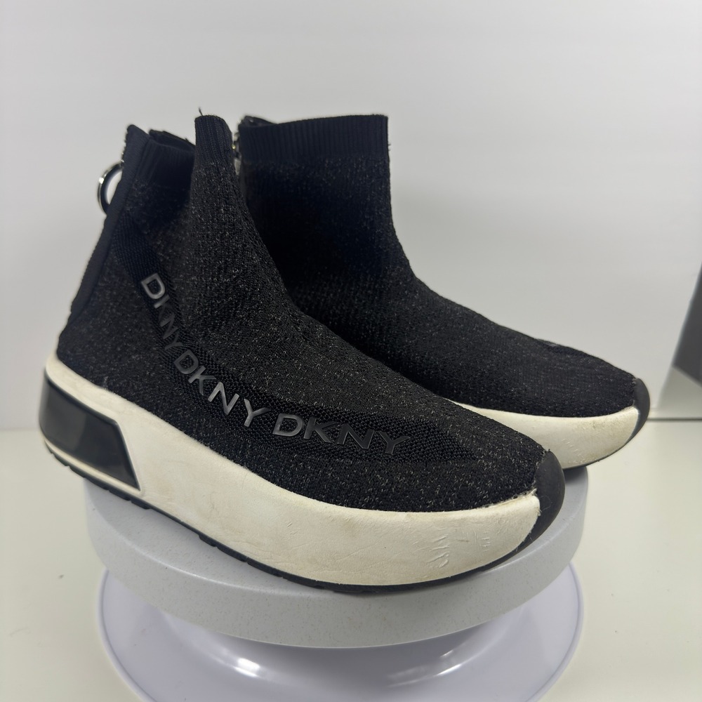 DKNY Women's Sock Sneakers High Top Black Knit Slip On Platform Size 6.5 - Picture 4 of 13